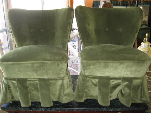 Beautiful Pair of French Mohair covered Slipper Chairs/chauffeuses/pouf. Wonderful in a living room accross from a sofa and coffee table or in a Hollywood Regency Decor bedroom suite at the end of a bed, in front of a vanity or in a parlor. Check