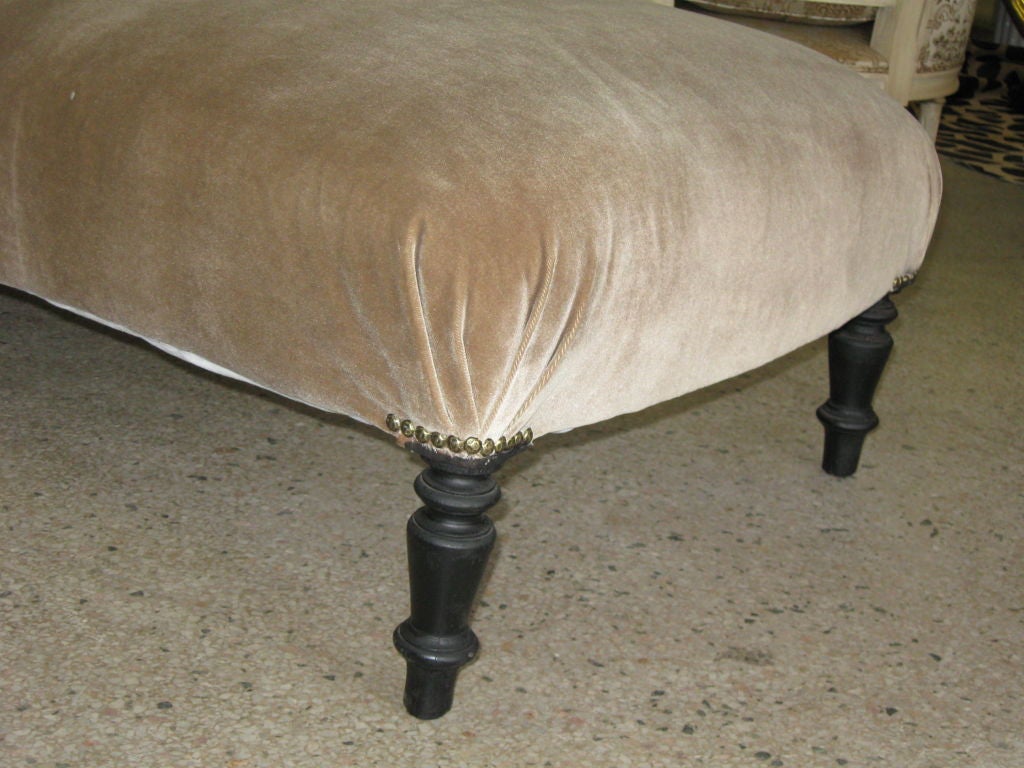 Elegant, French 19th Century stream lined Napoleon III Chaise longue. Tight frame, great support, turned legs.( NB: The front legs go straight to the floor and are NOT mounted on two casters!, GOOD NEWS!)<br />
Covered in a light Taupe Mohair, in