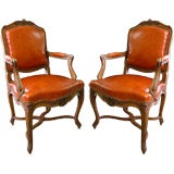 Superb Pair of French Fruitwood Open Arm Bergeres a Entretoises
