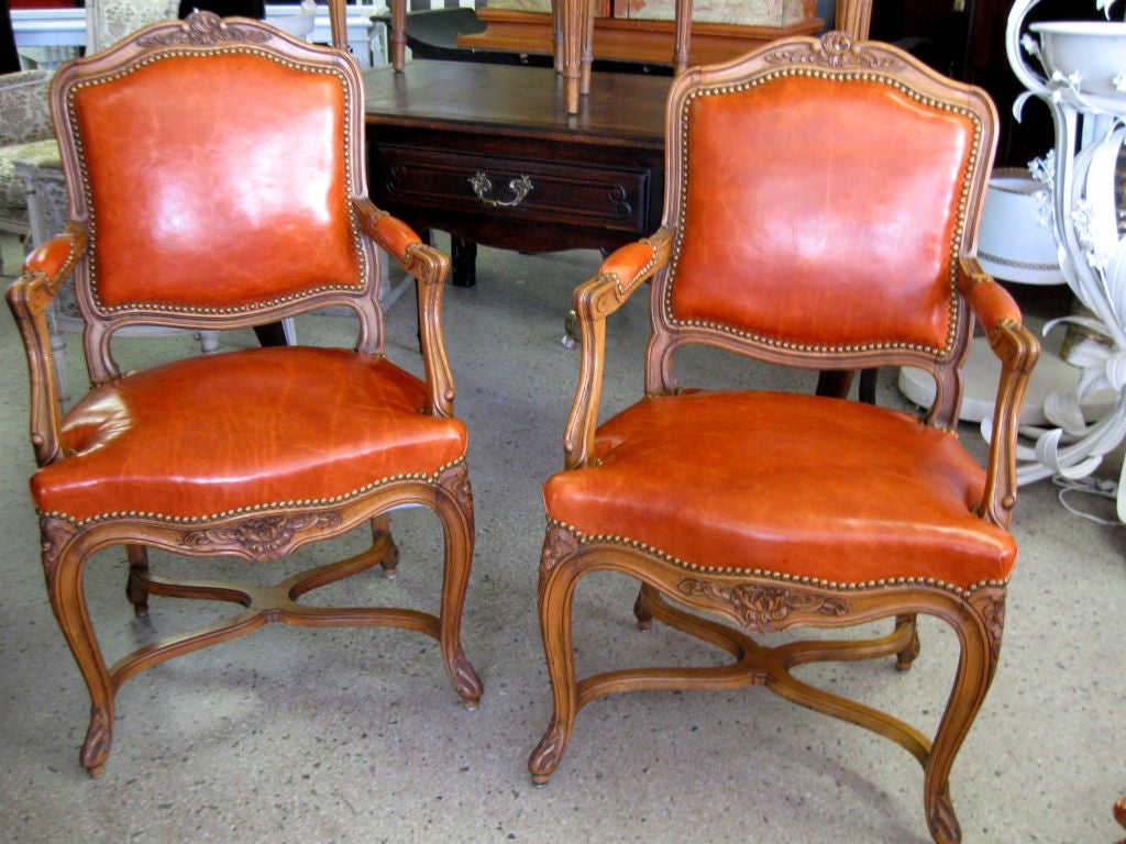 Superb Pair of French Fruitwood Open Arm Bergeres a Entretoises 1