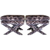 Vintage Classical Pair of X Benches, Animal Print Mohair