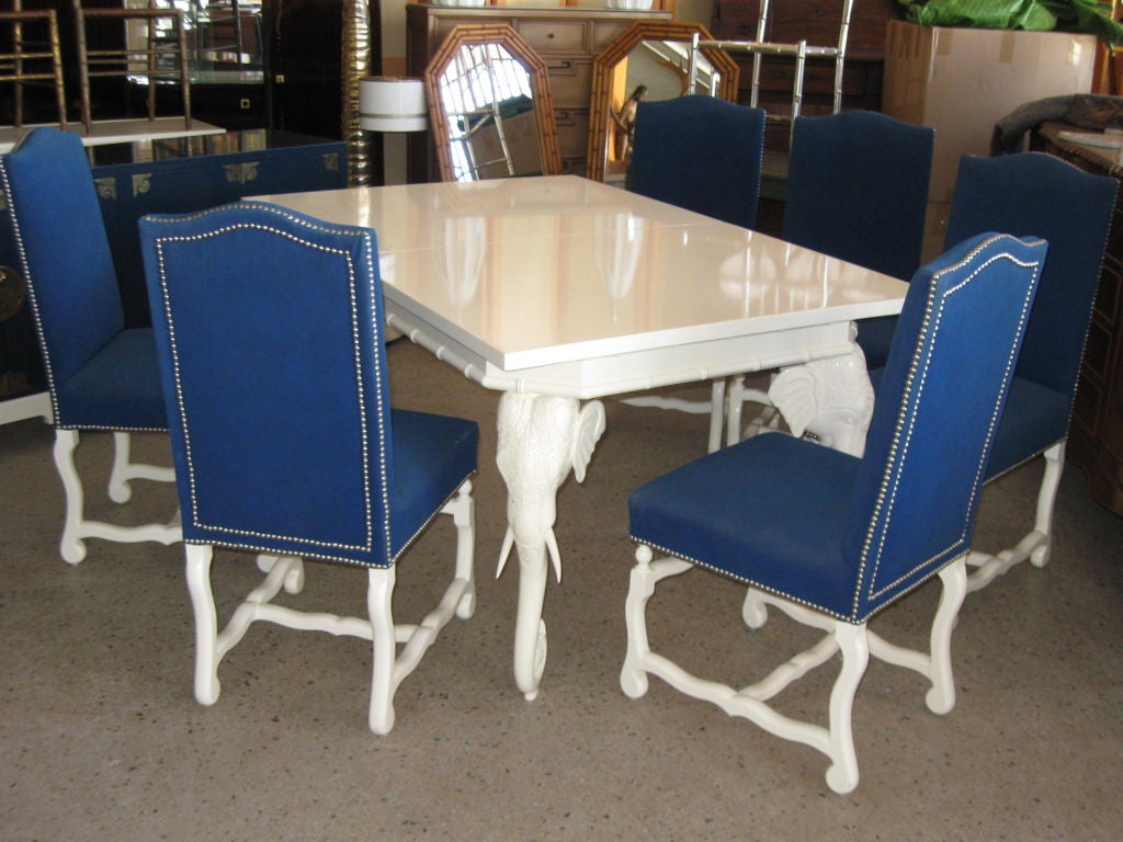 Exceptional Hollywood Regency Elephant Head table, 6 chairs
