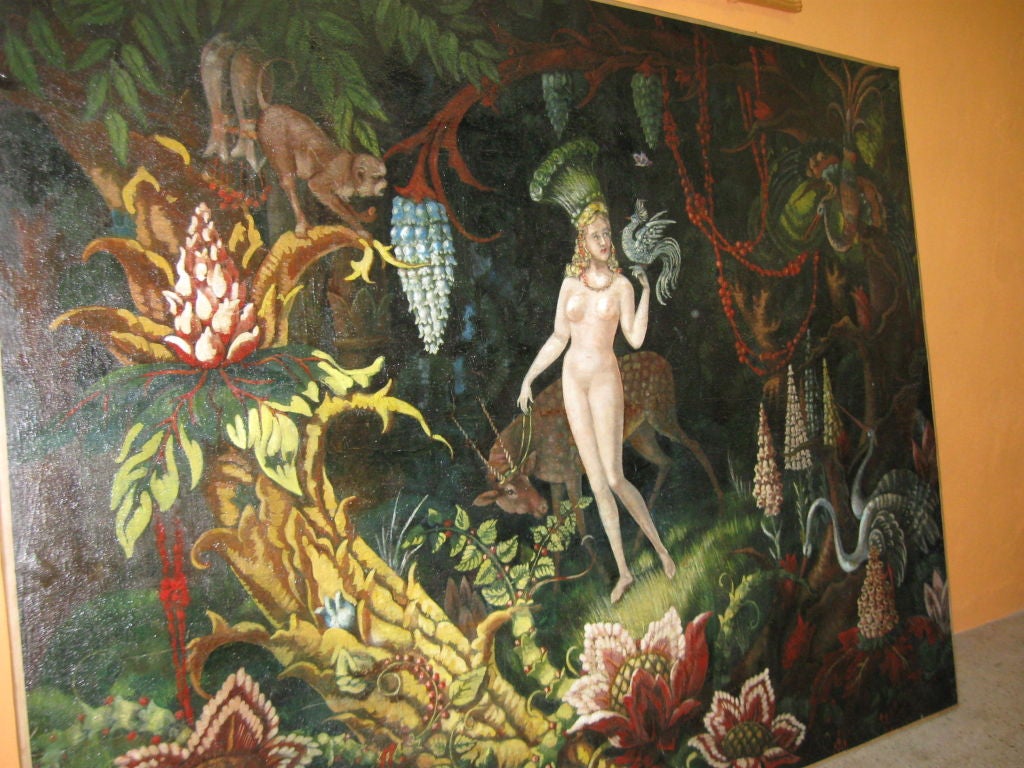 Exceptioan Large 19thC Oil Painting of Woman in Tropical Scene 1