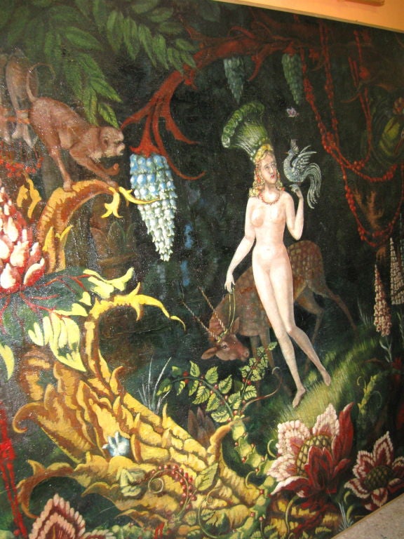 Large, 19th Century incredibly decorative painting of nude woman with a tropical background. Birds of paradise, monkeys, an antilope, tropical flowers and beautiful colors. <br />
Specatacular over a large sideboard, server or consoles.<br />
Feel