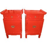 Pair of Lacquered Chinese Chippendale Pagoda Top End Tables