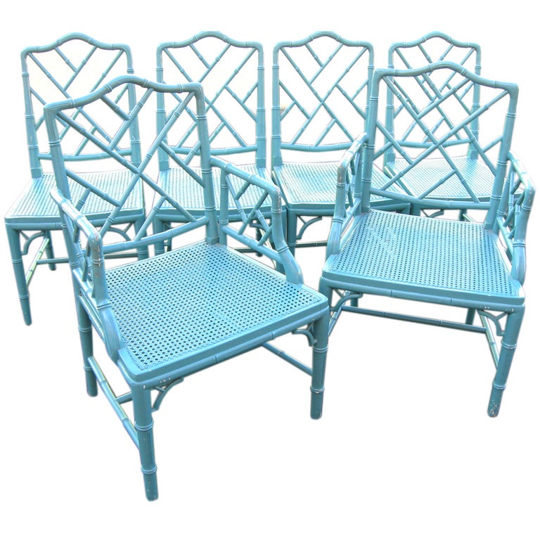Set of 6 Chinese Chippendale Faux Bamboo Dining Chairs