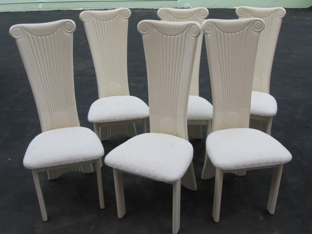 Set of high back classical column/capitol top motif dining room chairs. High gloss finish. <br />
For additional chairs, amrchairs, stools, benches, coffee and end tables, sideboards, servers, consoles, commodes, buffet, chandeliers visit our