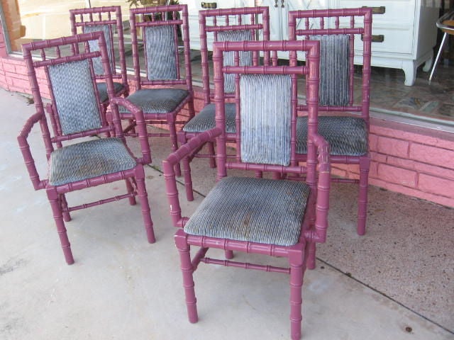 Wonderful set of 6 Hollywood Regency Faux Bamboo Dining Chairs. 2 arms 4 sides, tight frames, can be re-lacquered any color upon request. Please call directly for quotes at 305 562 2290, or for additional pics go to our website:<br