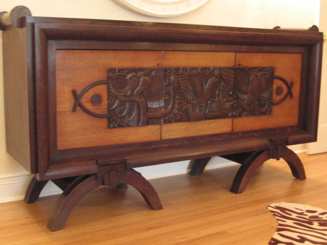 Unique DUDOUYT cabinet. Out of Parisian apartment, Two tones, 3 doors, decorated and sculpted panels,( fish/birds..) Wonderful in an Art Deco or mid century room.