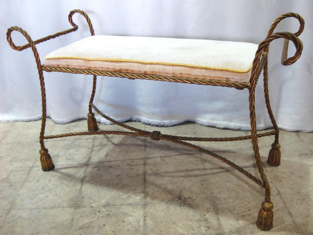 Very pretty Italian Rope and Tassel iron bench. <br />
For additional, benches, end/coffee/Dining/center/night/game/card tables, chairs and armchairs, mirrors, vanities, bedroom, dining and living room furniture, feel free to go to our website: