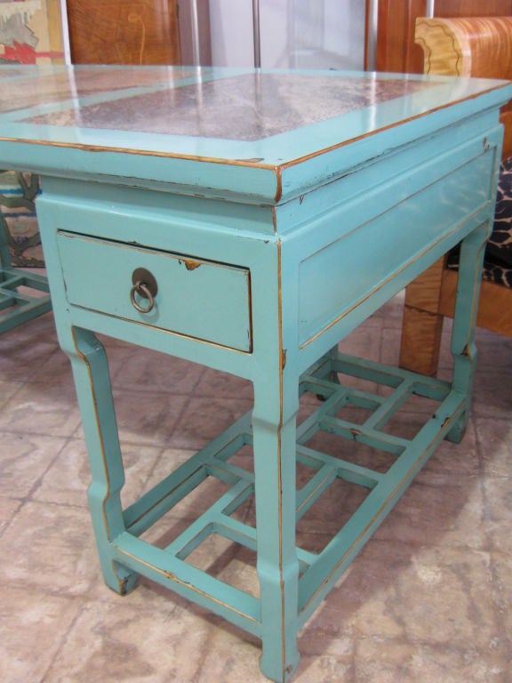 Lacquered Chinoiserie/Lattice bottom Campaign Desk