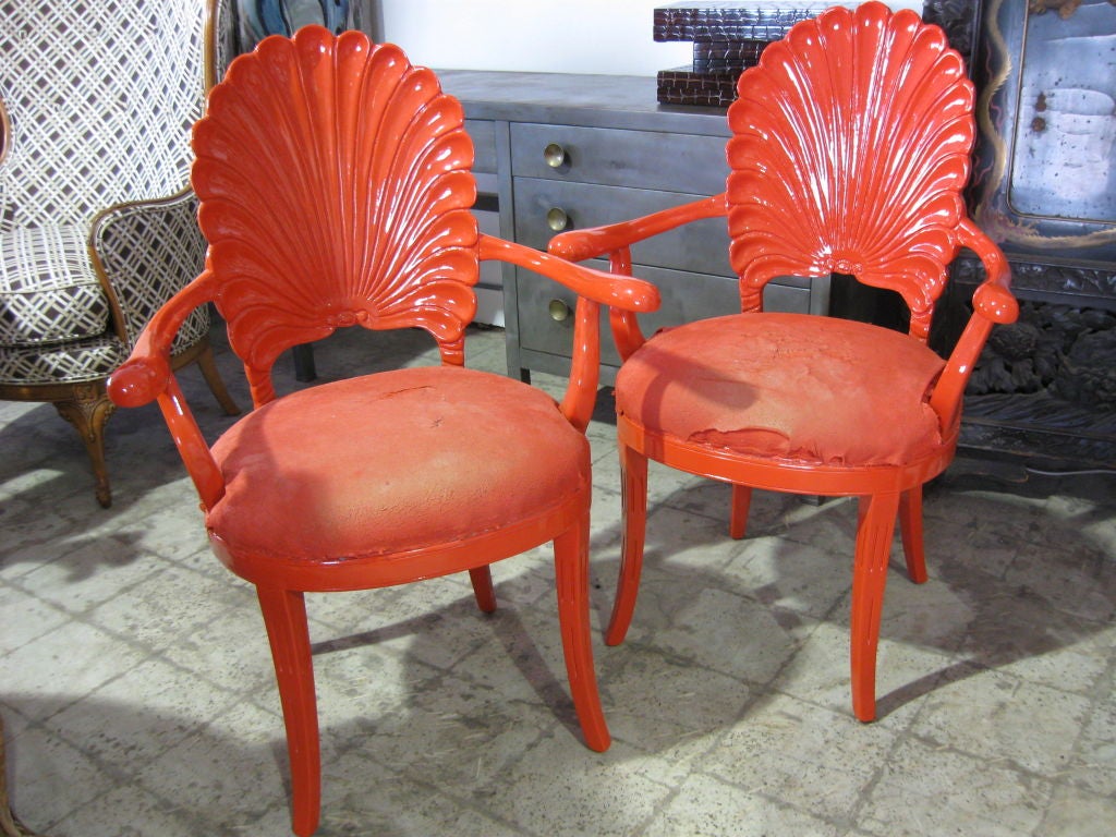 Exceptional Piar of Lacquered Shell Back Armchairs 1