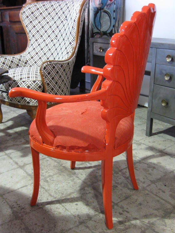 Fabulous pair of shell back armchairs, high gloss lacquered in a chinese chippendale rich red. Wonderful finish, tight frames. Need new upholstery. For additional cahirs, benches, end/side/dining/coffee tables, stools, sideboards, credenzas,