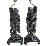 Pair of Japanese carved wood figural lamps