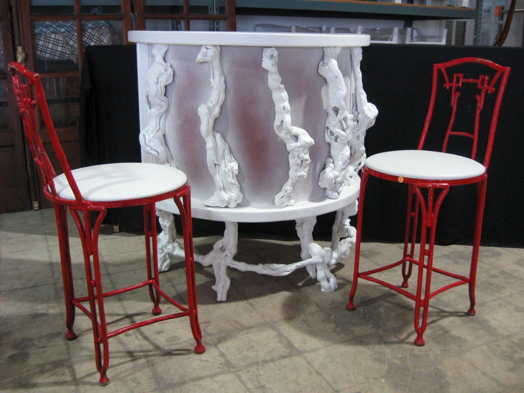 Pair of cast aluminum faux bamboo bar stools. <br />
For addtional seating, chairs, armchairs, end/side/center/dining tables, bars, sideboards, servers, cabinets, chests, bureaus, cabinets, dressers, etc.. feel free to go to our website:
