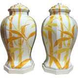 Pair of Ceramic Ginger Jar Bamboo Motif Lamps