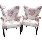 Vintage Elegant Pair of Coral Motif Wing Chairs