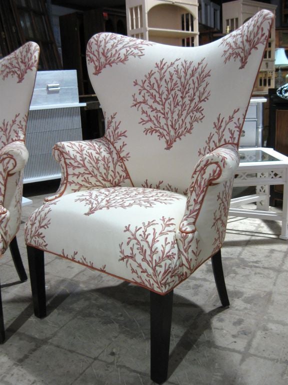 Elegant Pair of Coral Motif Wing Chairs