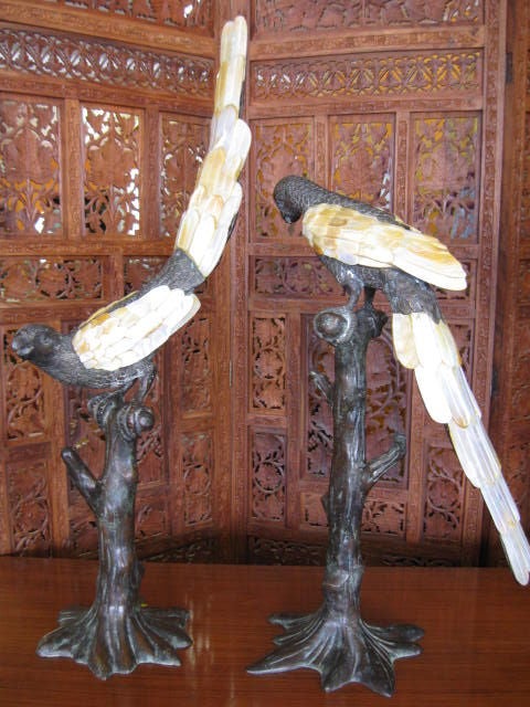 20th Century Maitland Smith Bronze and Mother of Pearl Parrots