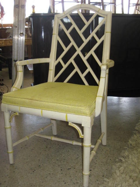 Set of 6 Lattice Back Faux Bamboo Dining Chairs, by Century. 2 arms 4 sides. Tight frames, great quality. Can be used as is or they can be re-lacquered here locally, feel free to call for re finshing quotes.
