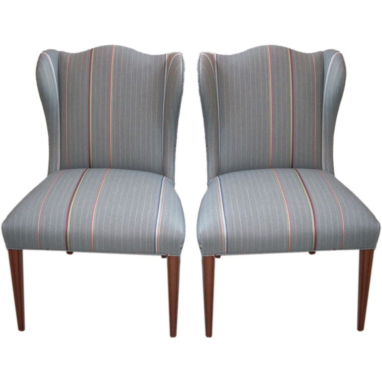 Pair of petite wing back chairs in Paul Smith fabric