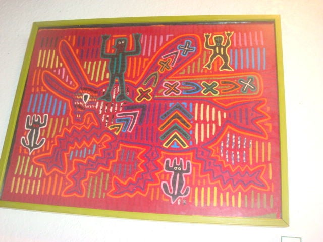 San Blas Indian Embroidered Fabric with geometric native design Brilliant Bug.Lime Green Painted Wood Frame