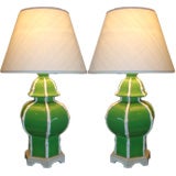 Pair of Leaf  Green Crackle Glazed   Ceramic Lamps