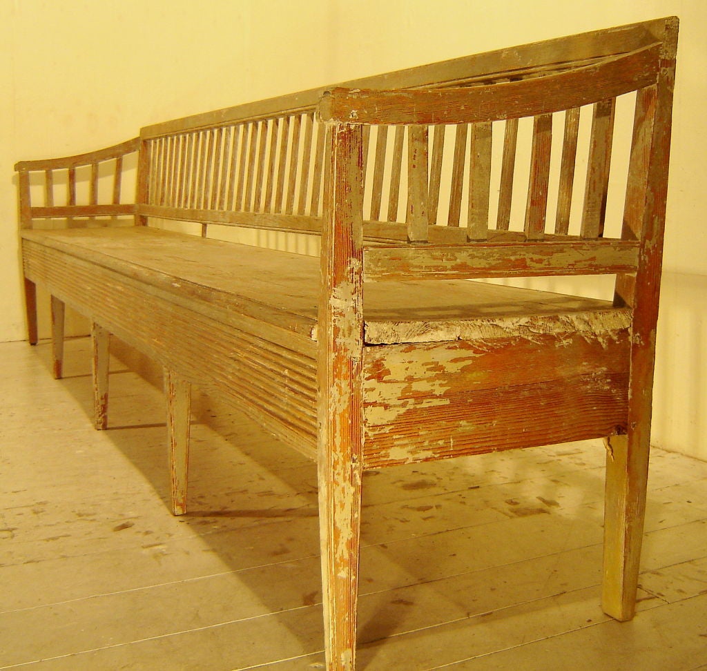 A long Swedish painted bench from a castle c10ft long