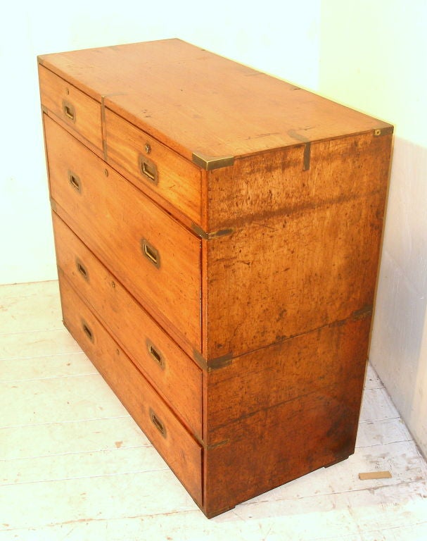 A top quality officers campaign chest made in the mid 19th century in the best quality mahogany that money could buy. All the fittings are brass and it is also fitted with a BRAMAH lock on the right top drawer (as is the tradition). This is where