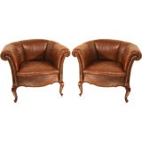 Antique Pair of classical Swedish leather tub chairs c1900