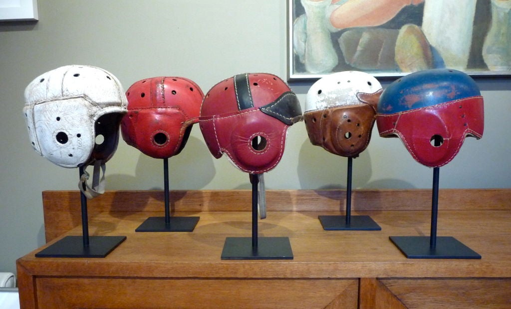 Set of 5 Vintage  Leather Childrens Football Helmets on Custom Stands . Price is for the Group of 5