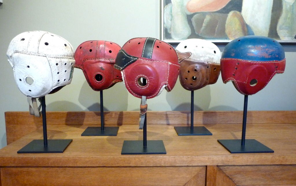 20th Century Whimsical Set of 5 Vintage Leather Childrens Football Helmets