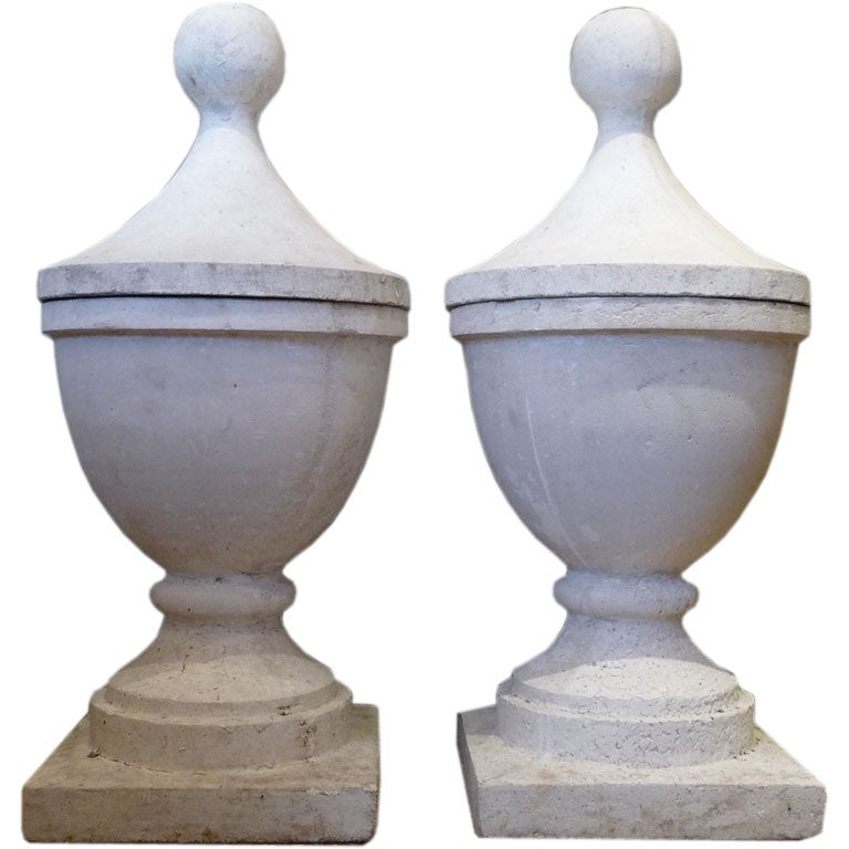 Pair Large White Plaster Urns With Removable Lids