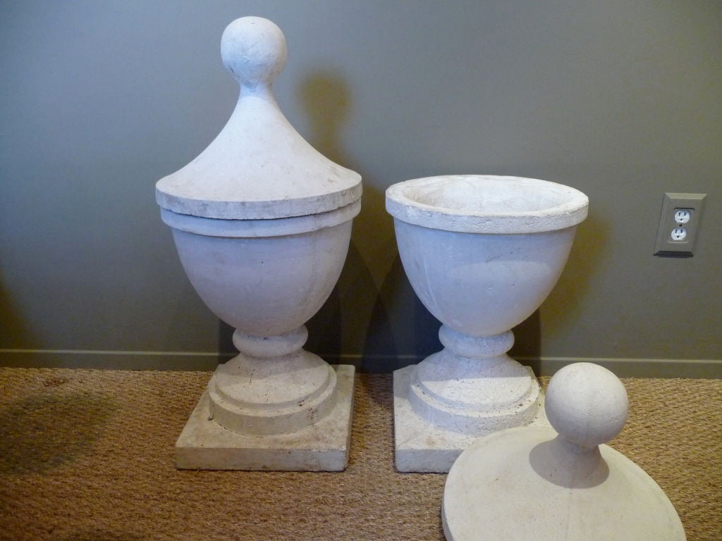 Mid-20th Century Pair Large White Plaster Urns With Removable Lids