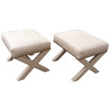Pair X Benches Upholstered In Natural Burlap Vintage Pair X Benches Upholstered In Natural Burlap