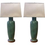 Pair Tall Elegant Pottery Lamps With Beautiful Green Glaze