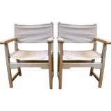 Pair Oversized Oak and Linen Armchairs