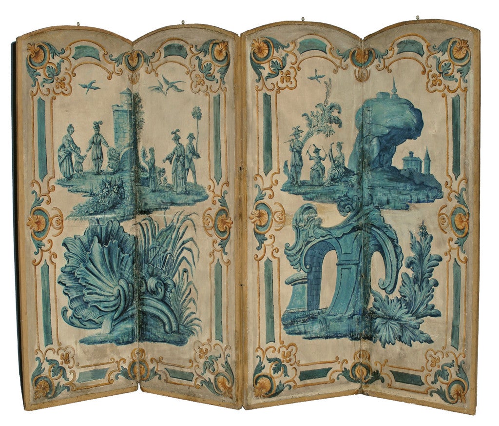 Late 18th C Four Panel Painted Screen, with multiple Chinoiserie and Classical Scenes.  Italian. <br />
<br />
64”H x 94”W<br />
Each Panel 23¼”W<br />
Our Reference:  41-020<br />
<br />
Photos show the screen in cool light & warm light.