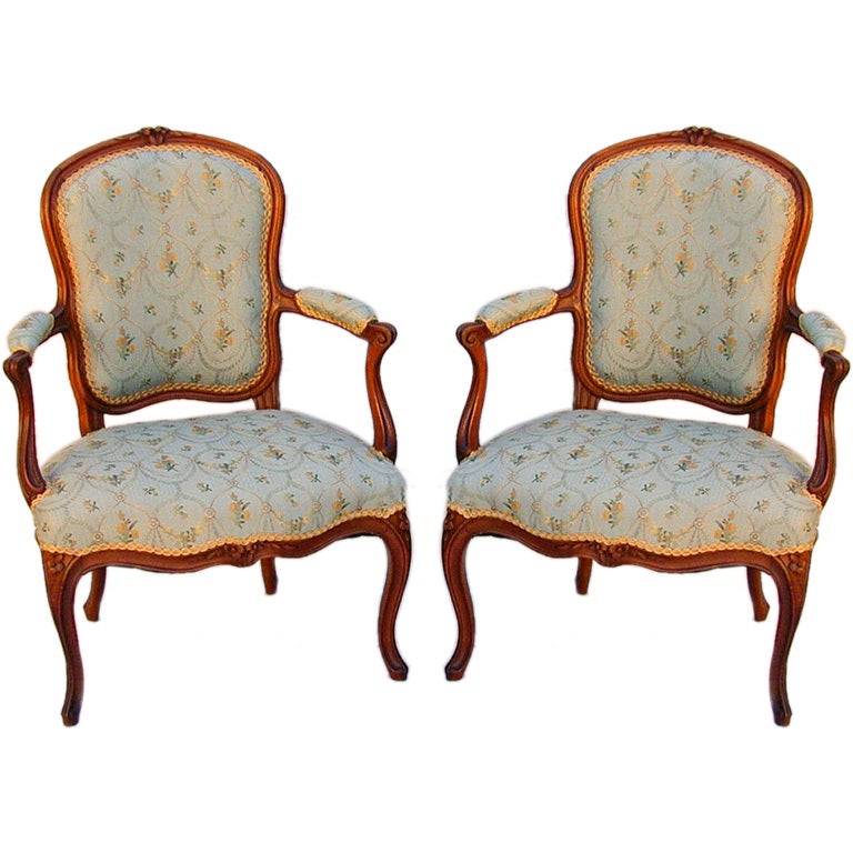 Pair of Louis XV Cherry and Beech Fauteuil Signed "Poirie, " c1750