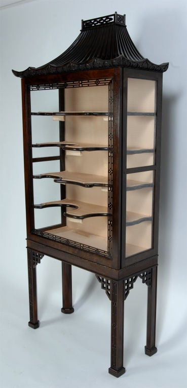 Pair of Chinese Chippendale Style Manheim Cabinets, Mahogany
