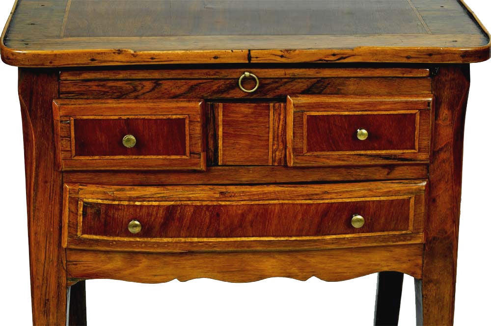 A Pair of Italian Louis XV Style “Table á écrire”,  C1770, crossbanded overall with satinwood line inlay, rectangular galleried tray top, the waved frieze with a leather lined writing-slide and 2 narrow drawers flanking a hidden drawer above a