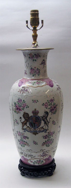 French Samson & Cie Armorial Vase in Famille Rose, c1850, Converted into a Lamp