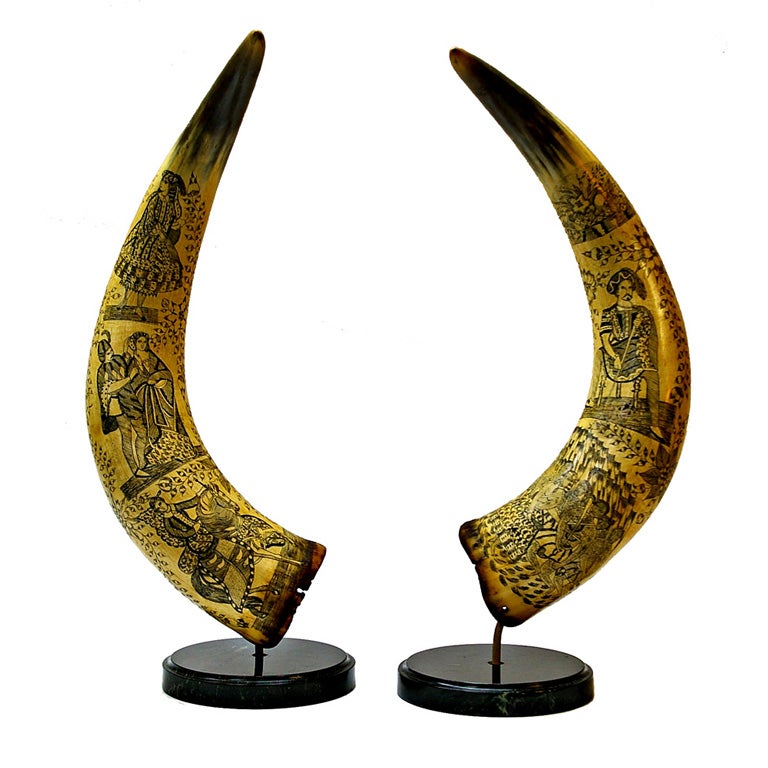Pair of 19th Century Scottish Scrimshaw Horns