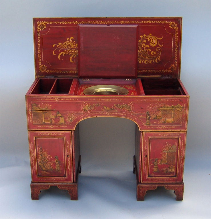 19th Century English Red Lacquer Hinged Top Chinoiserie Kneehole Desk, C1840