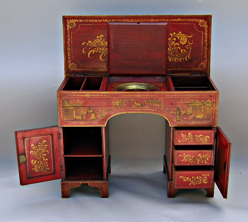 English Red Lacquer Hinged Top Chinoiserie Kneehole Desk, C1840 1