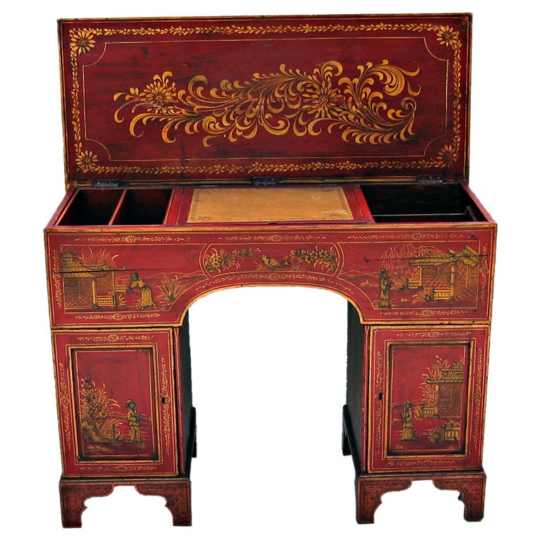 English Red Lacquer Hinged Top Chinoiserie Kneehole Desk, C1840