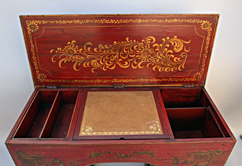 English Red Lacquer Hinged Top Chinoiserie Kneehole Desk, C1840 2