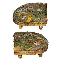 Antique Pair of Italian 18th C Period Embroidery Gilt Carved Footstools