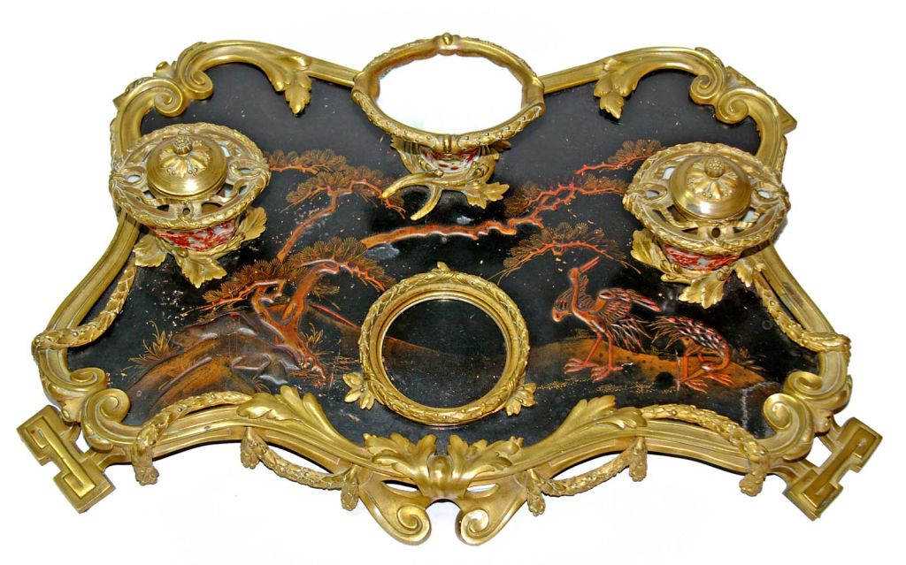 Louis XVI Écritoire, 18th century French with Chinese lacquer panel and period Chinese export porcelain. There are doré́ bronze mounts on the Chinese porcelain.