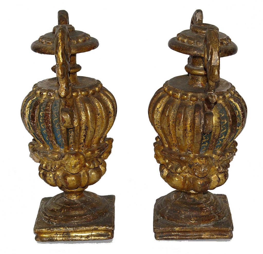 Baroque Pair of Italian Gilt Carved and Painted Urns, c1750